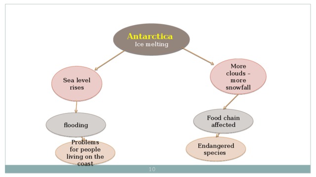 Antarctica Ice melting More clouds – more snowfall Sea level rises Food chain affected flooding Cluster Spotlight 9класс стр.134 упр.3 Endangered species Problems for people living on the coast