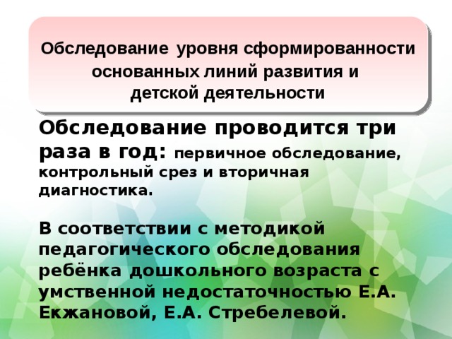 Обследование  уровня сформированности основанных линий развития и детской деятельности Обследование проводится три раза в год: первичное обследование, контрольный срез и вторичная диагностика.  В соответствии с методикой педагогического обследования ребёнка дошкольного возраста с умственной недостаточностью Е.А. Екжановой, Е.А. Стребелевой.