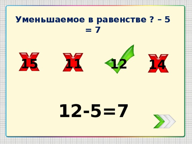Уменьшаемое в равенстве ? – 5 = 7 15 11 12 14 12-5=7