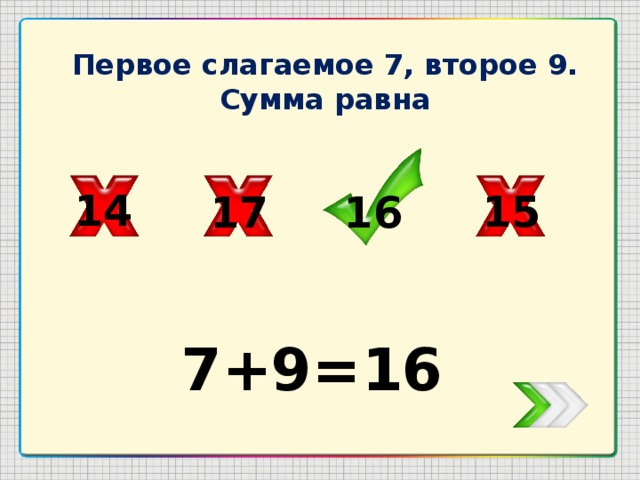 Первое слагаемое 7, второе 9. Сумма равна 14 15 17 16 7+9=16