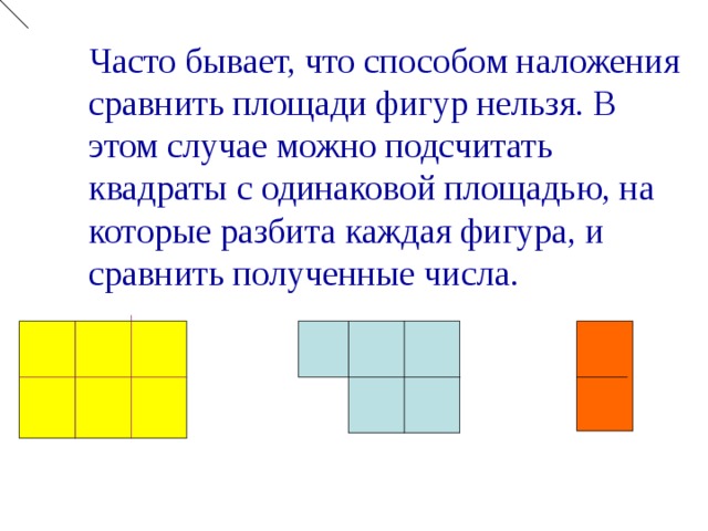 Часто бывает, что способом наложения сравнить площади фигур нельзя. В этом случае можно подсчитать квадраты с одинаковой площадью, на которые разбита каждая фигура, и сравнить полученные числа.