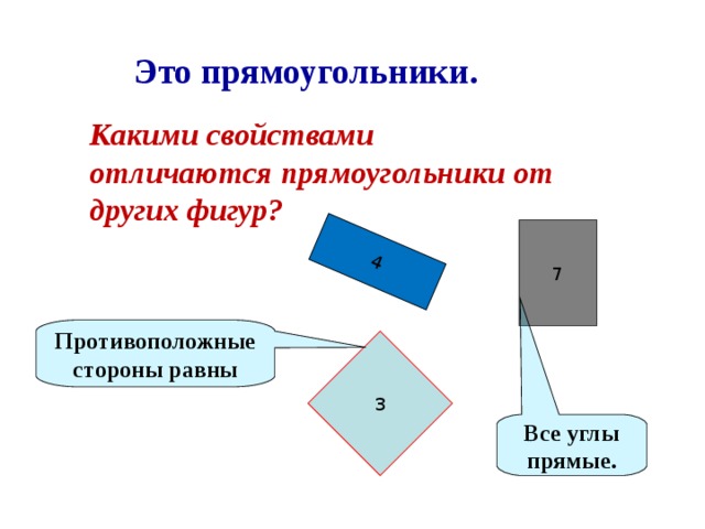 4 Противоположные стороны равны Это прямоугольники.  Какими свойствами отличаются прямоугольники от других фигур? 7 3 Все углы прямые.