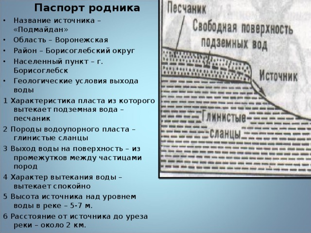 Паспорт родника Название источника – «Подмайдан» Область – Воронежская Район – Борисоглебский округ Населенный пункт – г. Борисоглебск Геологические условия выхода воды 1 Характеристика пласта из которого вытекает подземная вода – песчаник 2 Породы водоупорного пласта – глинистые сланцы 3 Выход воды на поверхность – из промежутков между частицами пород 4 Характер вытекания воды – вытекает спокойно 5 Высота источника над уровнем воды в реке – 5-7 м. 6 Расстояние от источника до уреза реки – около 2 км.