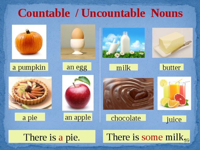 Countable / Uncountable Nouns an egg a pumpkin butter milk an apple a pie chocolate juice There is some milk. There is a pie.