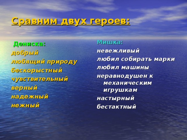 Сравним двух героев: Мишка:  невежливый любил собирать марки любил машины неравнодушен к механическим игрушкам настырный бестактный  Дениска:  добрый любящий природу бескорыстный чувствительный верный надежный нежный