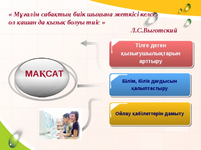 « Мұғалім сабақтың биік шыңына жеткісі келсе,  ол қашан да қызық болуы тиіс »  Л.С.Выготский Тілге деген қызығушылықтарын арттыру МАҚСАТ Білім, білік дағдысын қалыптастыру Ойлау қабілеттерін дамыту