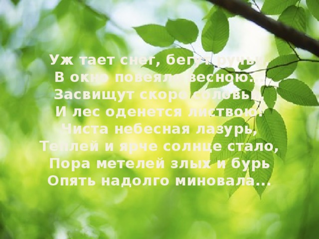 Уж тает снег, бегут ручьи,  В окно повеяло весною...  Засвищут скоро соловьи,  И лес оденется листвою!  Чиста небесная лазурь,  Теплей и ярче солнце стало,  Пора метелей злых и бурь  Опять надолго миновала...