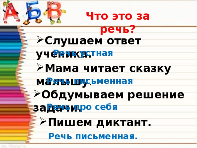 Что это за речь? Слушаем ответ ученика. Речь устная Мама читает сказку малышу . Речь письменная Обдумываем решение задачи. Речь про себя Пишем диктант. Речь письменная.