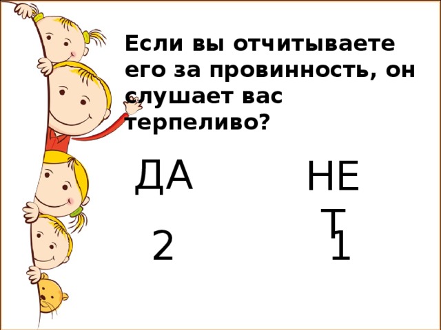 Если вы отчитываете его за провинность, он слушает вас терпеливо? ДА НЕТ 2 1