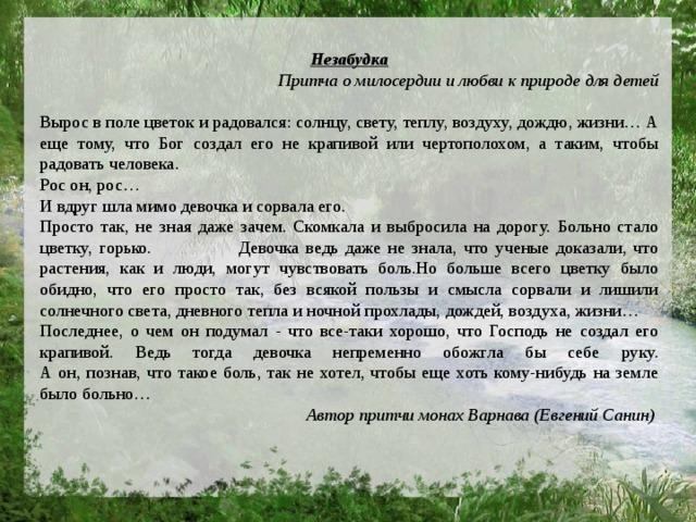 Незабудка Притча о милосердии и любви к природе для детей Вырос в поле цветок и радовался: солнцу, свету, теплу, воздуху, дождю, жизни… А еще тому, что Бог создал его не крапивой или чертополохом, а таким, чтобы радовать человека. Рос он, рос… И вдруг шла мимо девочка и сорвала его. Просто так, не зная даже зачем. Скомкала и выбросила на дорогу. Больно стало цветку, горько.  Девочка ведь даже не знала, что ученые доказали, что растения, как и люди, могут чувствовать боль.Но больше всего цветку было обидно, что его просто так, без всякой пользы и смысла сорвали и лишили солнечного света, дневного тепла и ночной прохлады, дождей, воздуха, жизни… Последнее, о чем он подумал - что все-таки хорошо, что Господь не создал его крапивой. Ведь тогда девочка непременно обожгла бы себе руку.  А он, познав, что такое боль, так не хотел, чтобы еще хоть кому-нибудь на земле было больно… Автор притчи монах Варнава (Евгений Санин)  