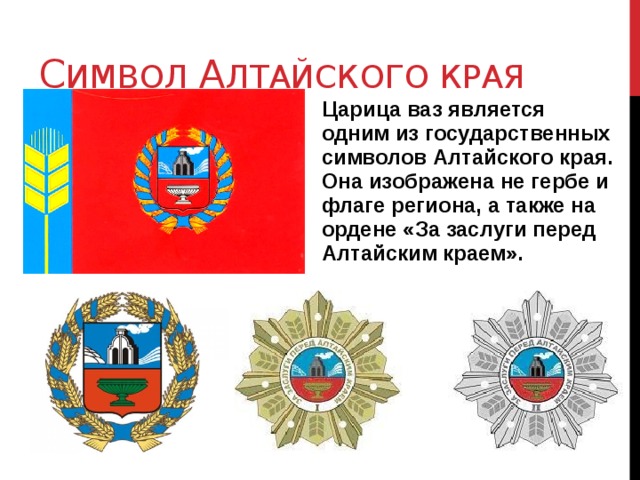 С ИМВОЛ А ЛТАЙСКОГО КРАЯ Царица ваз является одним из государственных символов Алтайского края. Она изображена не гербе и флаге региона, а также на ордене «За заслуги перед Алтайским краем».