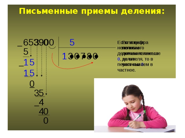 Письменные приемы деления: 0 5 9 3 653900 Если цифра неполного делимого меньше делителя, то в частном 0 .  Если новым неполным делимым является 0 , то его переписываем в частное. 5 7 8 3 0 0 1 ● ● ● ● ● 1 5  1 5 0  5 3 4  4 0 0