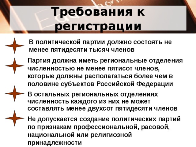 Требования к регистрации В политической партии должно состоять не менее пятидесяти тысяч членов Партия должна иметь региональные отделения численностью не менее пятисот членов, которые должны располагаться более чем в половине субъектов Российской Федерации В остальных региональных отделениях численность каждого из них не может составлять менее двухсот пятидесяти членов Не допускается создание политических партий по признакам профессиональной, расовой, национальной или религиозной принадлежности