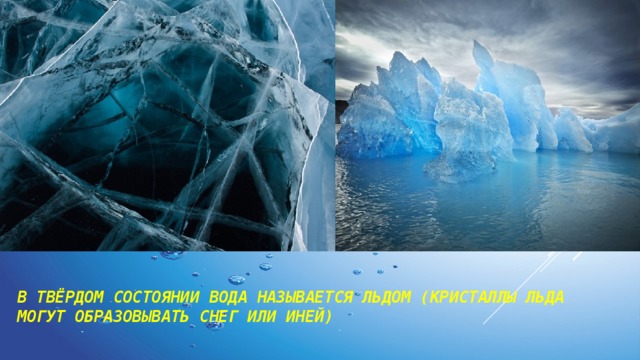 В твёрдом состоянии вода называется льдом (кристаллы льда могут образовывать снег или иней)