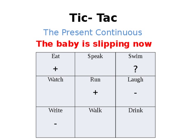 Tic- Tac The Present Continuous The baby is slipping now Eat + Speak Watch Write Run Swim ? + - Walk Laugh - Drink