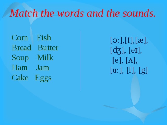 Match the words and the sounds. Corn Fish Bread Butter Soup Milk Ham Jam Cake Eggs [ɔ:],[f],[æ], [ʤ], [eɪ],  [e], [ʌ], [u:], [l], [g]