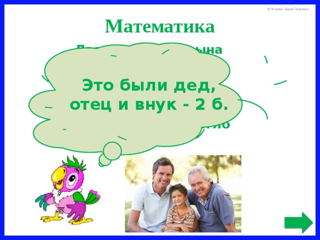 Математика Два отца и два сына разделили между собой 300 рублей, причём каждый получил по 100 рублей. Как это могло случиться? Это были дед, отец и внук - 2 б.