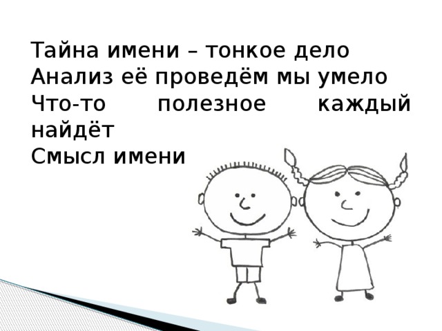 Тайна имени – тонкое дело Анализ её проведём мы умело Что-то полезное каждый найдёт Смысл имени не пропадёт!