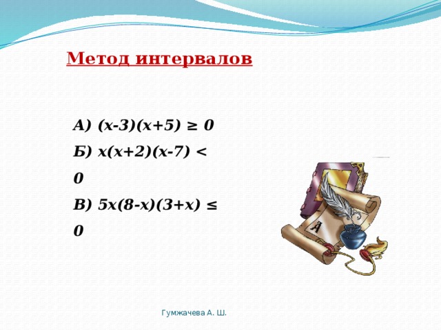 Метод интервалов А) (x-3)(x+5) ≥ 0 Б) x(x+2)(x-7)  В) 5x(8-x)(3+x) ≤ 0 Гумжачева А. Ш.