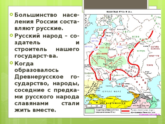 Большинство насе-ления России соста-вляют русские. Русский народ – со-здатель и строитель нашего государст-ва. Когда образовалось Древнерусское го-сударство, народы, соседние с предка-ми русского народа славянами стали жить вместе.