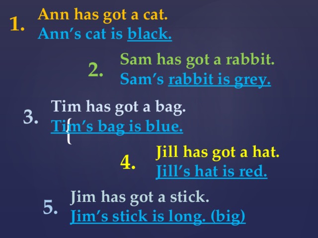Ann has got a cat. Ann’s cat is black. 1. Sam has got a rabbit. Sam’s rabbit is grey. 2. Tim has got a bag. Tim’s bag is blue. 3. Jill has got a hat. Jill’s hat is red. 4. Jim has got a stick. Jim’s stick is long. (big) 5.