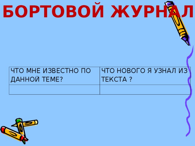 БОРТОВОЙ ЖУРНАЛ ЧТО МНЕ ИЗВЕСТНО ПО ДАННОЙ ТЕМЕ? ЧТО НОВОГО Я УЗНАЛ ИЗ ТЕКСТА ?