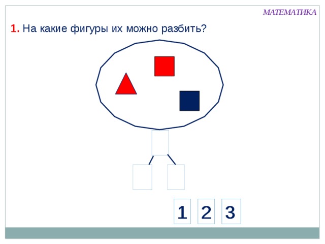 МАТЕМАТИКА 1. На какие фигуры их можно разбить? 3 2 1 1 3 2