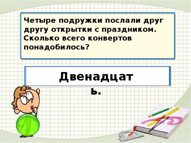 Четыре подружки послали друг другу открытки с праздником. Сколько всего конвертов понадобилось? Двенадцать.