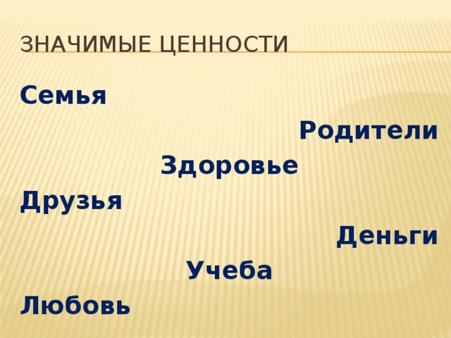 Значимые ценности Семья Родители Здоровье Друзья Деньги Учеба Любовь