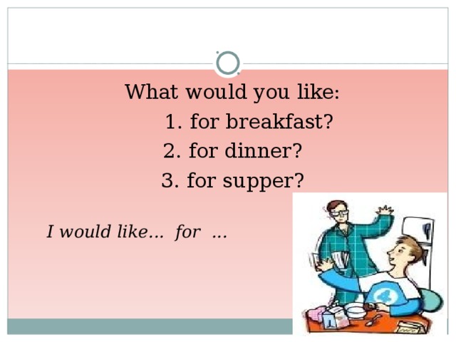 What would you like:  1. for breakfast? 2. for dinner? 3. for supper?  I would like... for ...