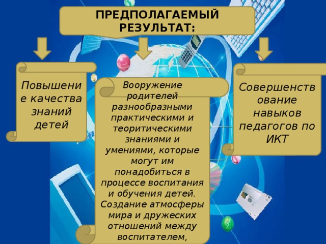 ПРЕДПОЛАГАЕМЫЙ РЕЗУЛЬТАТ: Повышение качества знаний детей Совершенствование навыков педагогов по ИКТ Вооружение родителей разнообразными практическими и теоритическими знаниями и умениями, которые могут им понадобиться в процессе воспитания и обучения детей. Создание атмосферы мира и дружеских отношений между воспитателем, родителями и детьми