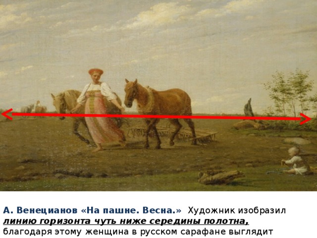 А. Венецианов «На пашне. Весна.» Художник изобразил линию горизонта чуть ниже середины полотна, благодаря этому женщина в русском сарафане выглядит величественно.