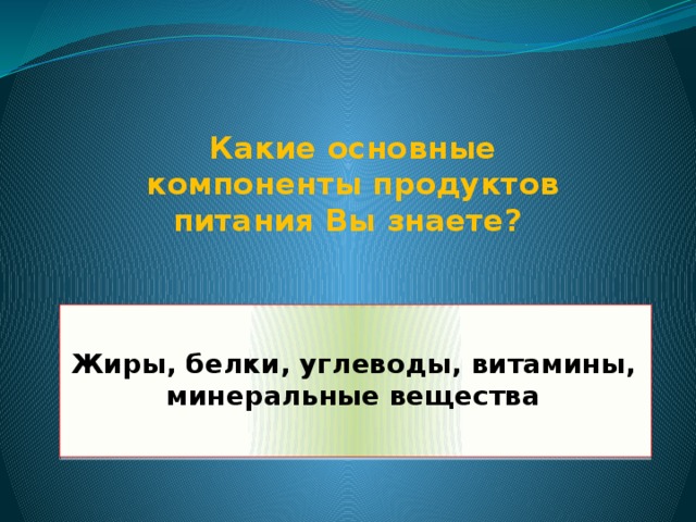 Какие основные компоненты продуктов питания Вы знаете?     Жиры, белки, углеводы, витамины, минеральные вещества