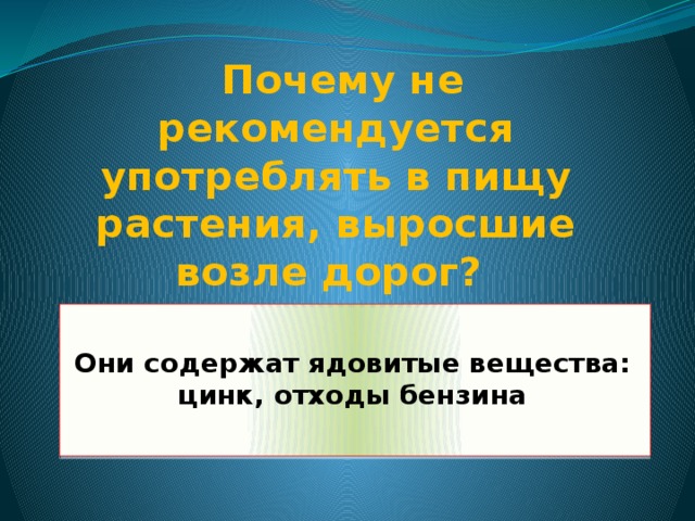 Почему не рекомендуется употреблять в пищу растения, выросшие возле дорог?    Они содержат ядовитые вещества: цинк, отходы бензина