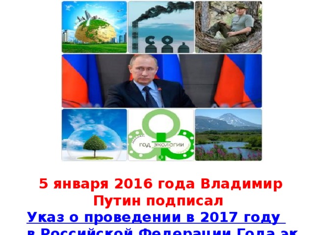 5 января 2016 года Владимир Путин подписал Указ о проведении в 2017 году в Российской Федерации Года экологии.