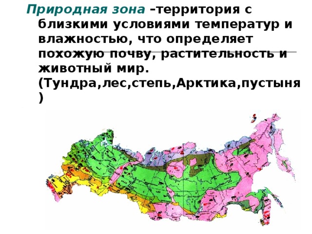 Природная зона –территория с близкими условиями температур и влажностью, что определяет похожую почву, растительность и животный мир.(Тундра,лес,степь,Арктика,пустыня)