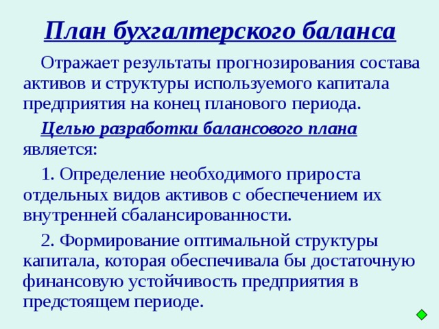 План бухгалтерского баланса Отражает результаты прогнозирования состава активов и структуры используемого капитала предприятия на конец планового периода. Целью разработки балансового плана является: 1. Определение необходимого прироста отдельных видов активов с обеспечением их внутренней сбалансированности. 2. Формирование оптимальной структуры капитала, которая обеспечивала бы достаточную финансовую устойчивость предприятия в предстоящем периоде.