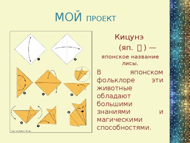 МОЙ ПРОЕКТ Кицунэ  (яп. 狐 ) — японское название лисы. В японском фольклоре эти животные обладают большими знаниями и магическими способностями.