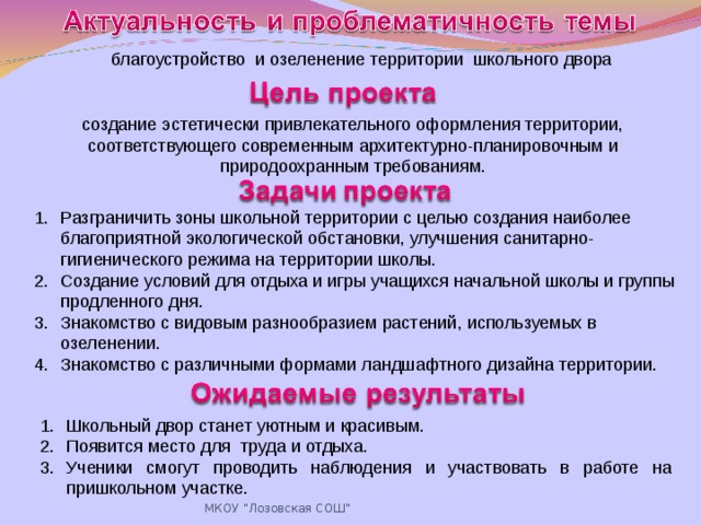 благоустройство и озеленение территории школьного двора создание эстетически привлекательного оформления территории, соответствующего современным архитектурно-планировочным и природоохранным требованиям. Разграничить зоны школьной территории с целью создания наиболее благоприятной экологической обстановки, улучшения санитарно-гигиенического режима на территории школы. Создание условий для отдыха и игры учащихся начальной школы и группы продленного дня. Знакомство с видовым разнообразием растений, используемых в озеленении. Знакомство с различными формами ландшафтного дизайна территории. Школьный двор станет уютным и красивым. Появится место для труда и отдыха. Ученики смогут проводить наблюдения и участвовать в работе на пришкольном участке. МКОУ 