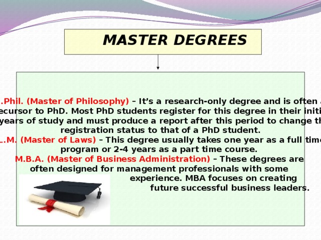 MASTER DEGREES  M.Phil. (Master of Philosophy)  – It’s a research-only degree and is often a precursor to PhD. Most PhD students register for this degree in their initial 1-2 years of study and must produce a report after this period to change their registration status to that of a PhD student.  LL.M. (Master of Laws)  – This degree usually takes one year as a full time program or 2-4 years as a part time course.  M.B.A. (Master of Business Administration)  – These degrees are often designed for management professionals with some  experience. MBA focuses on creating  future successful business leaders.