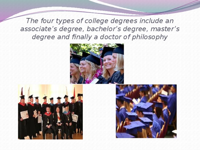 The four types of college degrees include an associate’s degree, bachelor’s degree, master’s degree and finally a doctor of philosophy