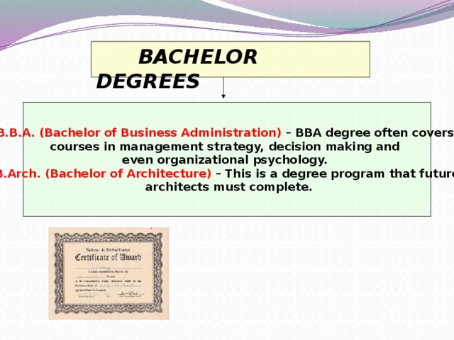 BACHELOR DEGREES   B.B.A. (Bachelor of Business Administration)  – BBA degree often covers courses in management strategy, decision making and even organizational psychology. B.Arch. (Bachelor of Architecture)  – This is a degree program that future  architects must complete.