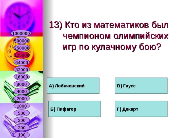 А) Лобачевский В) Гаусс Г) Декарт Б) Пифагор