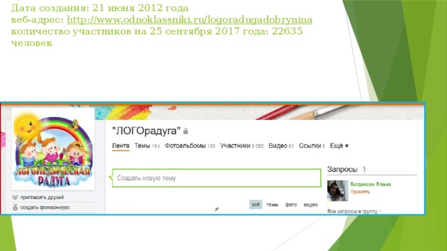 Дата создания: 21 июня 2012 года  веб-адрес: http :// www.odnoklassniki.ru/logoradugadobrynina  количество участников на 25 сентября 2017 года: 22635 человек