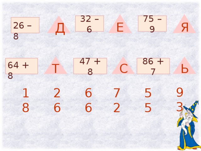 Я Е 32 – 6 75 – 9 Д 26  –  8 Т С Ь 86 + 7 64 + 8 47 + 8 93 18 26 66 72 55 17