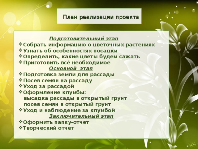 План реализации проекта  Подготовительный этап Собрать информацию о цветочных растениях Узнать об особенностях посадки Определить, какие цветы будем сажать Приготовить всё необходимое  Основной этап Подготовка земли для рассады Посев семян на рассаду Уход за рассадой Оформление клумбы:  высадка рассады в открытый грунт  посев семян в открытый грунт Уход и наблюдение за клумбой  Заключительный этап Оформить папку-отчет Творческий отчёт