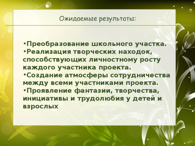 Преобразование школьного участка. Реализация творческих находок, способствующих личностному росту каждого участника проекта. Создание атмосферы сотрудничества между всеми участниками проекта. Проявление фантазии, творчества, инициативы и трудолюбия у детей и взрослых