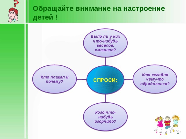 Обращайте внимание на настроение детей ! Было ли у них что-нибудь веселое, смешное? Кто сегодня чему-то обрадовался? Кто плакал и почему? СПРОСИ: Кого что-нибудь огорчило?