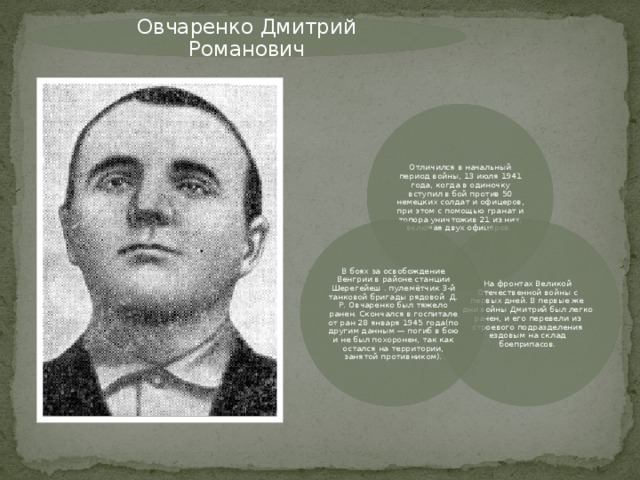 Овчаренко Дмитрий Романович Отличился в начальный период войны, 13 июля 1941 года, когда в одиночку вступил в бой против 50 немецких солдат и офицеров, при этом с помощью гранат и топора уничтожив 21 из них, включая двух офицеров. На фронтах Великой Отечественной войны с первых дней. В первые же дни войны Дмитрий был легко ранен, и его перевели из строевого подразделения ездовым на склад боеприпасов. В боях за освобождение Венгрии в районе станции Шерегейеш . пулемётчик 3-й танковой бригады рядовой Д. Р. Овчаренко был тяжело ранен. Скончался в госпитале от ран 28 января 1945 года(по другим данным — погиб в бою и не был похоронен, так как остался на территории, занятой противником).