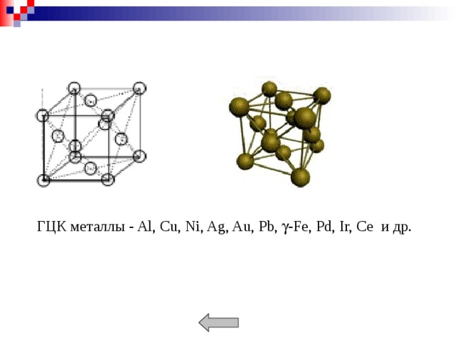 ГЦК металлы - Al, Cu, Ni, Ag, Au, Pb,  -Fe, Pd, Ir, Ce и др.